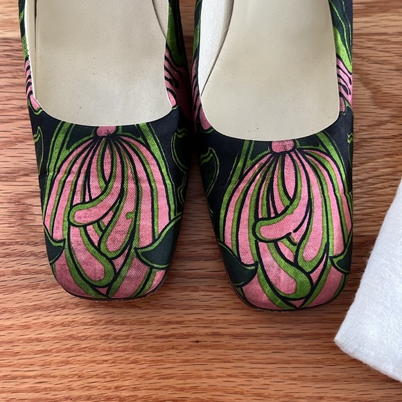 Authentic Vintage PRADA Heels Size 36 Floral Pattern Black Green Pink Block Heel - Picture 7 of 8